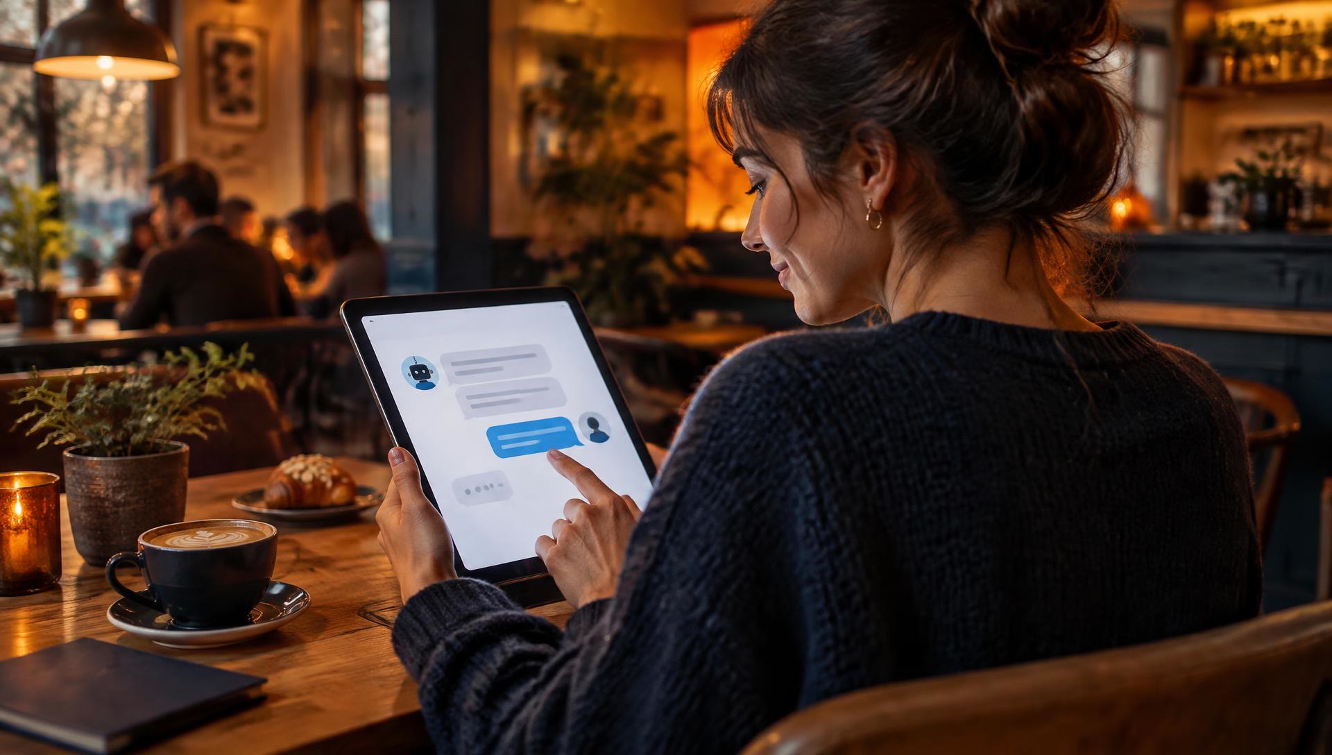 Woman chatting with a website assistant on a tablet in a cafe