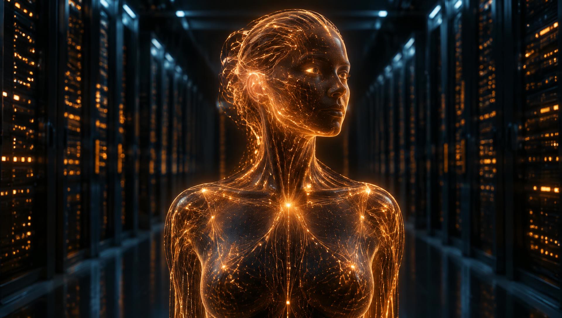 Futuristic glowing AI figure inside a dark navy data center corridor