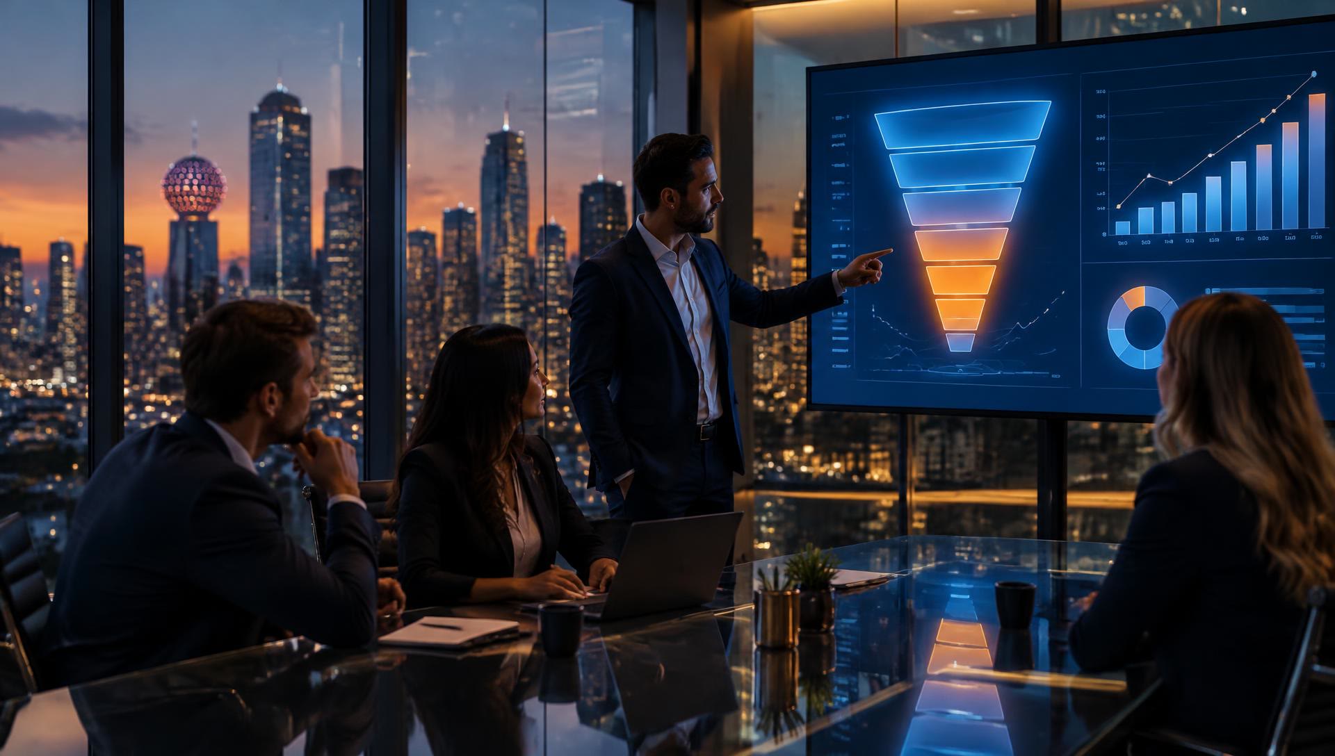 B2B team reviewing a sales pipeline dashboard in a Dallas office at dusk