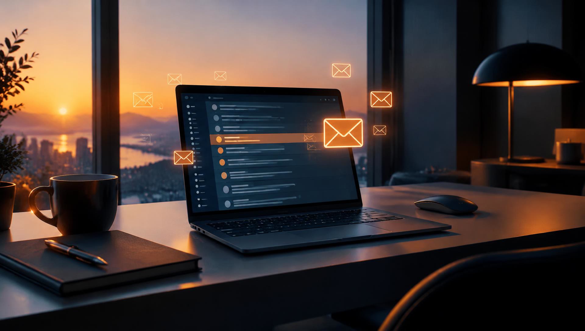 Laptop with glowing email icons on a desk at sunrise