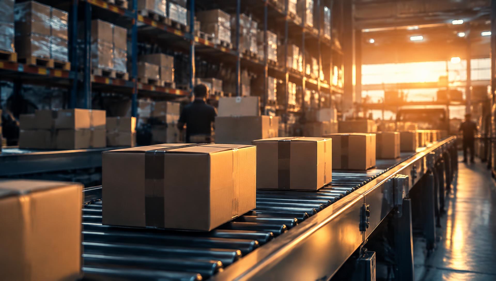 E-commerce shipping boxes moving on a warehouse conveyor at golden hour