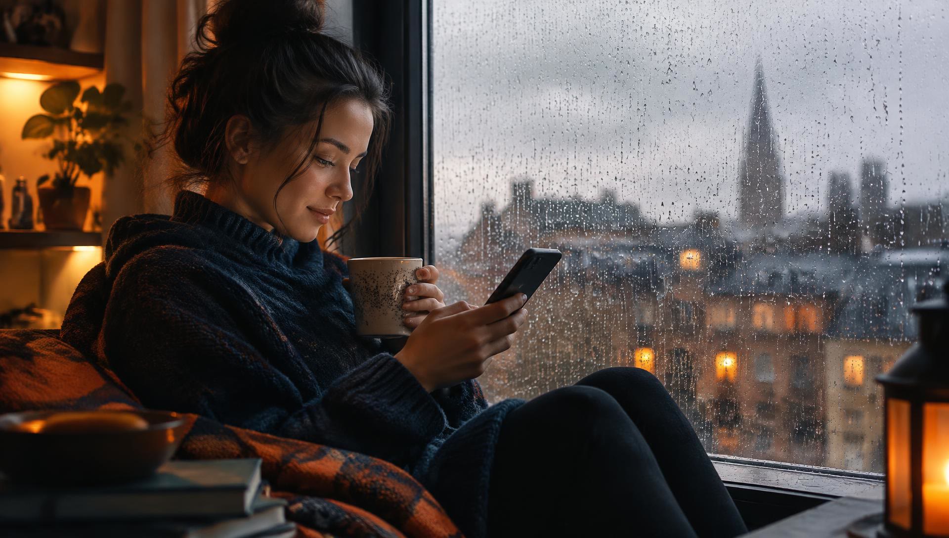 Woman reading an email on her phone with coffee by a rainy window