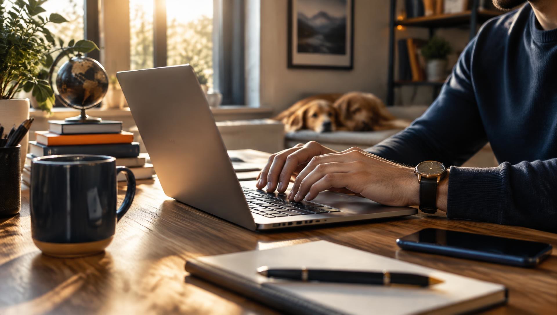Person typing a search on a laptop at a sunlit home office desk
