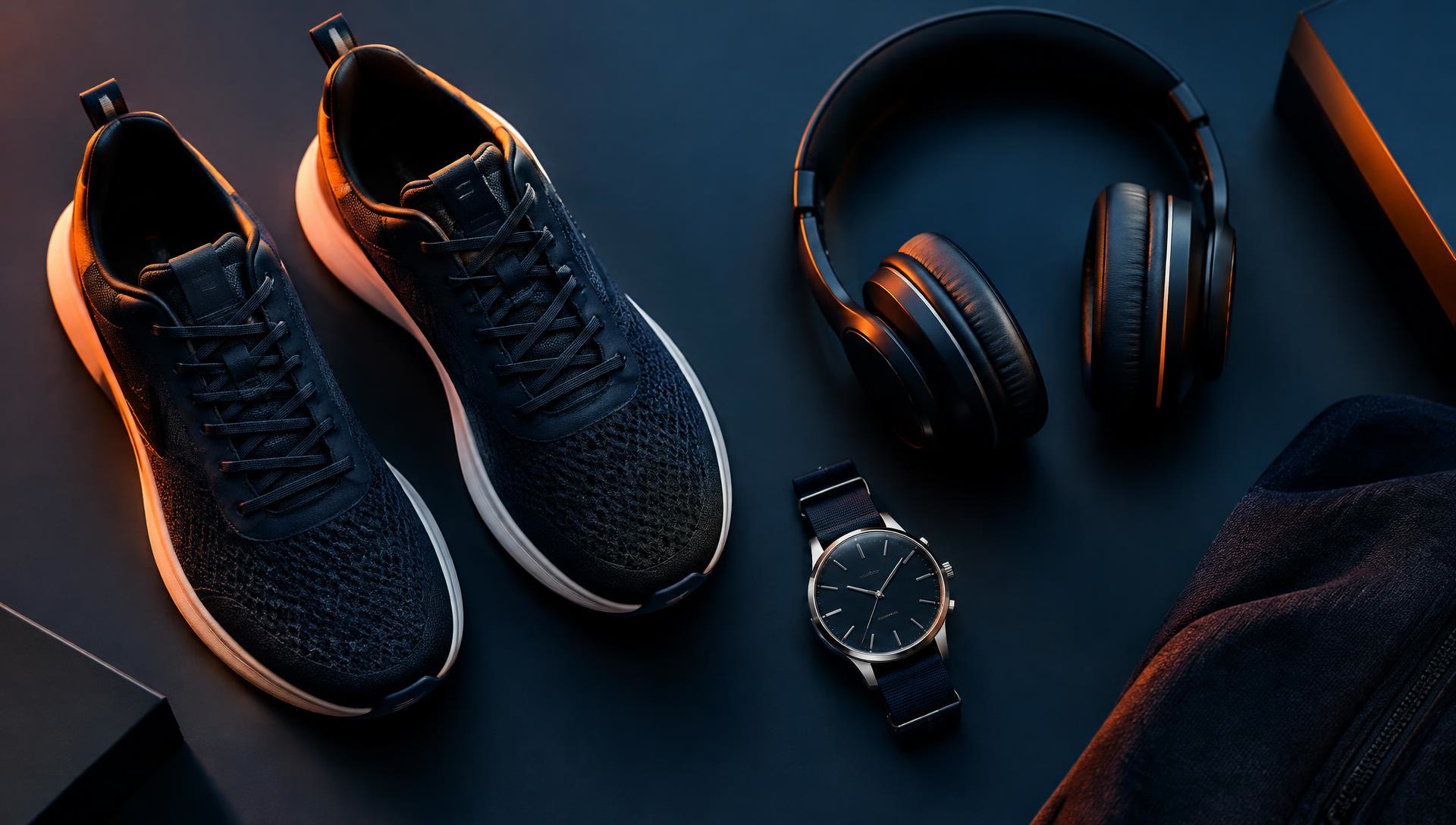 Product flat lay of sneakers, headphones, and a watch on navy