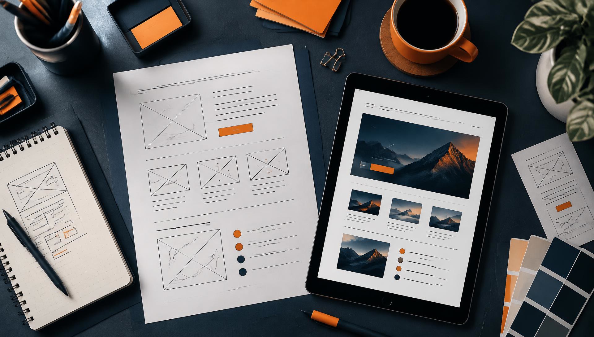 Overhead view of landing page wireframes, a tablet, and coffee on a navy desk
