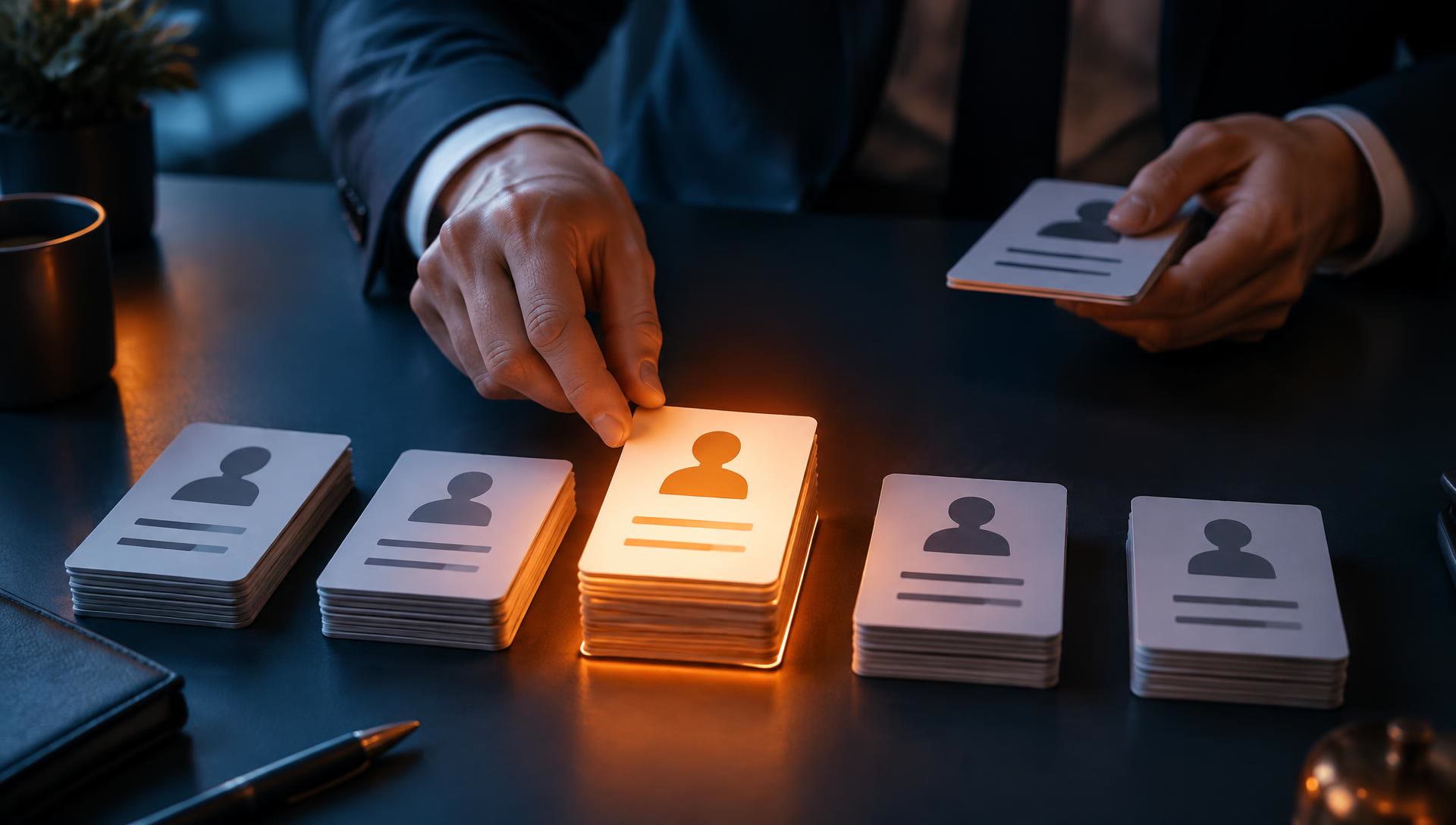 Hands sorting profile cards with one highlighted in orange