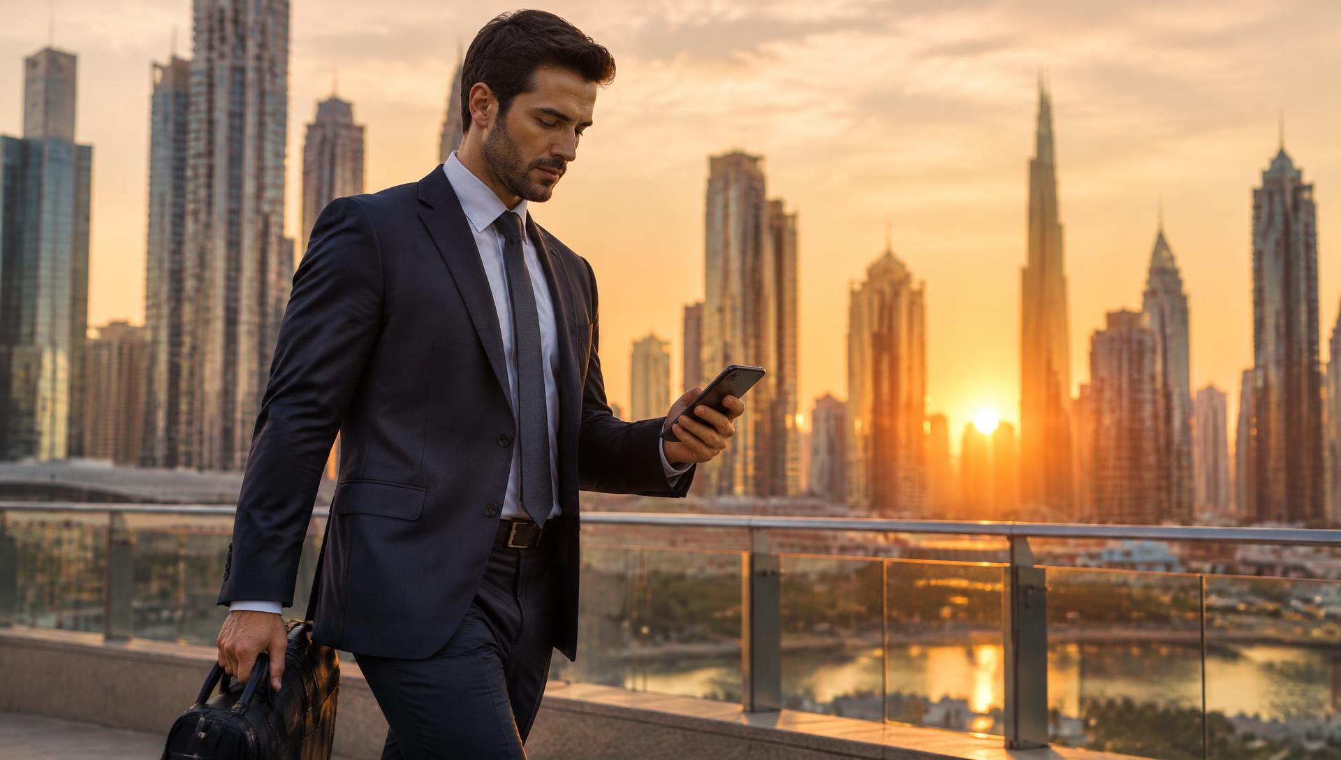 Businessman in a navy suit reading messages on his phone at sunrise
