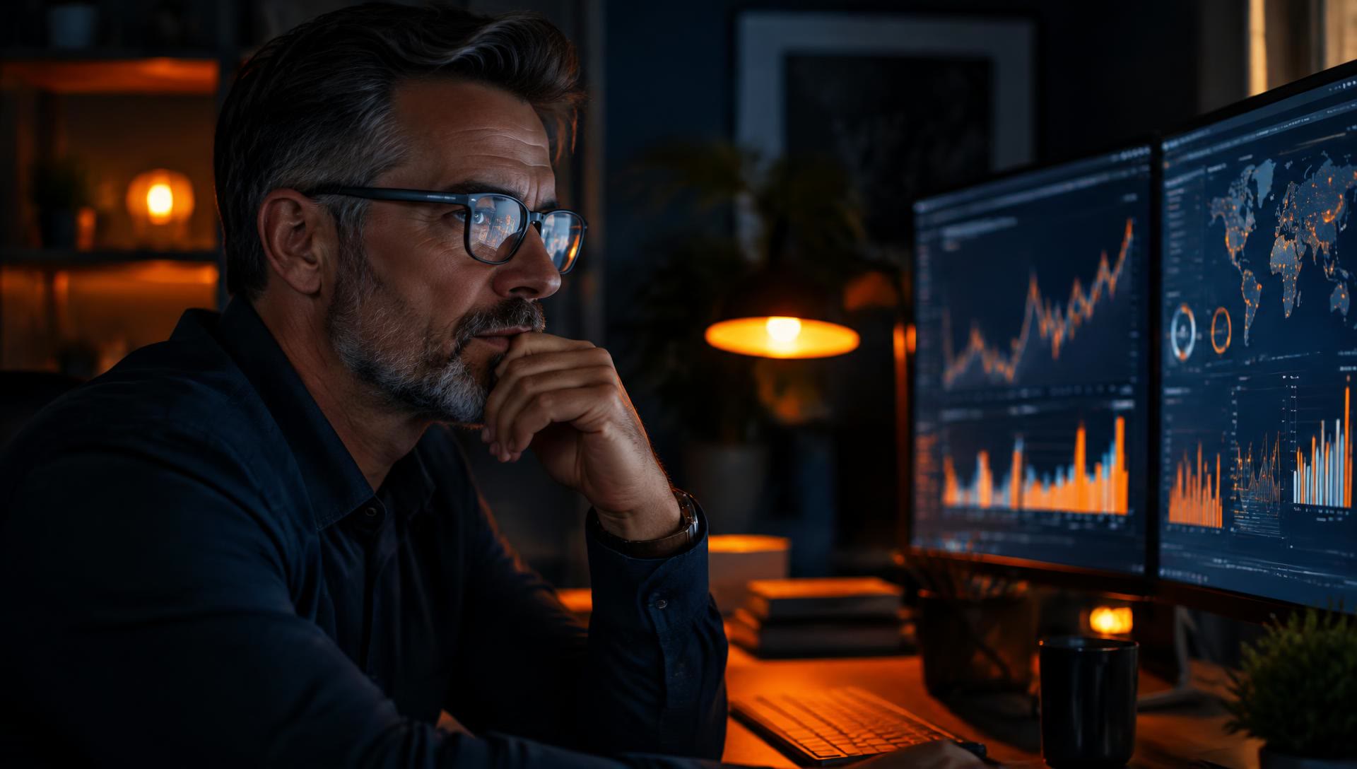 Executive analyzing marketing analytics dashboards on two monitors