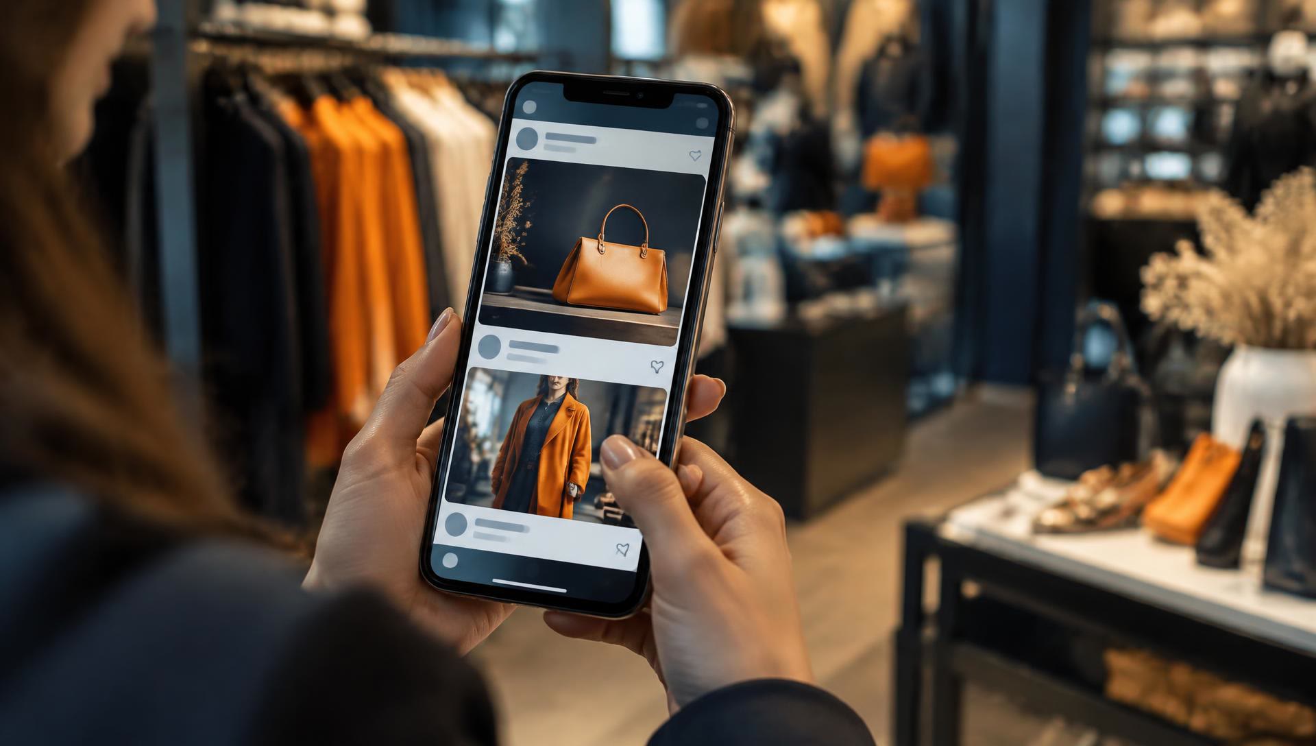 Shopper scrolling a social media ad feed on a phone inside a boutique