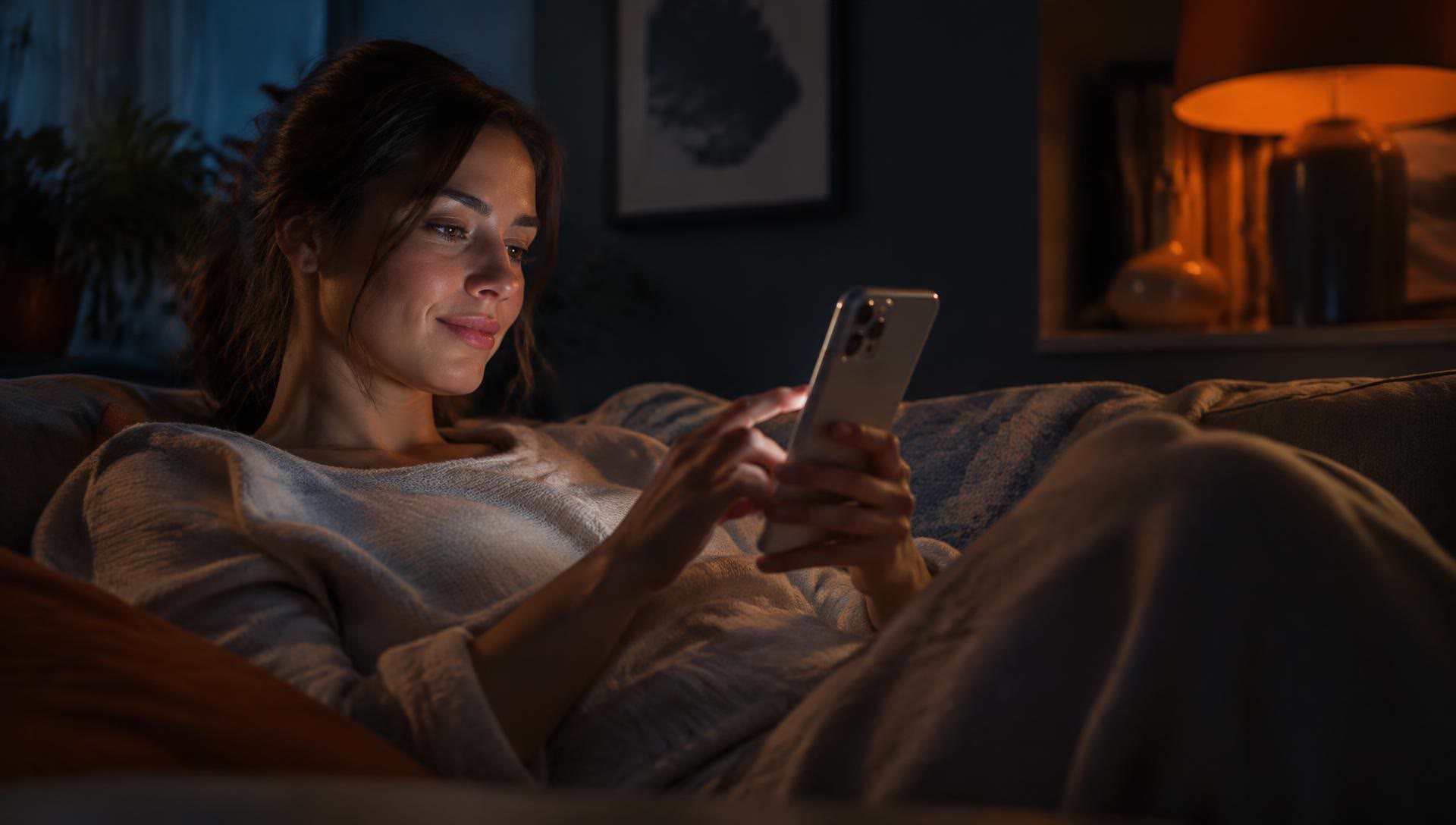 Woman on a couch looking at a product on her phone in the evening