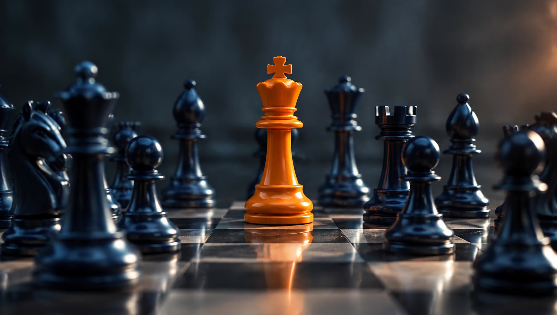 Orange chess king standing out among navy chess pieces
