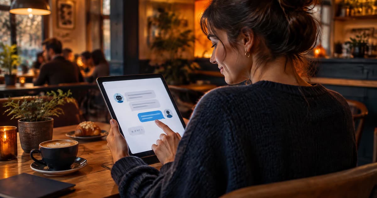 Woman chatting with a website assistant on a tablet in a cafe