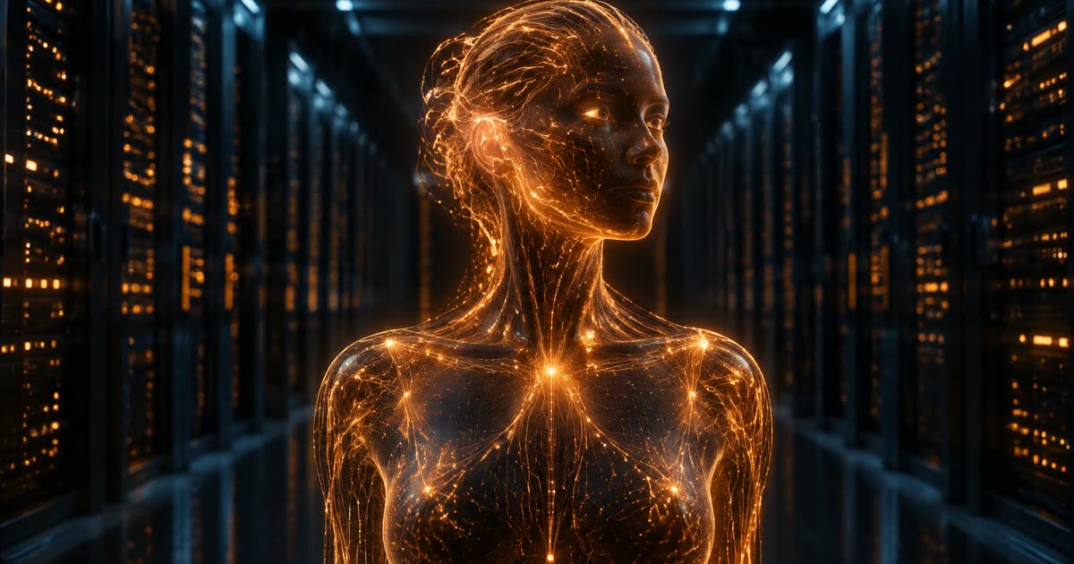 Futuristic glowing AI figure inside a dark navy data center corridor