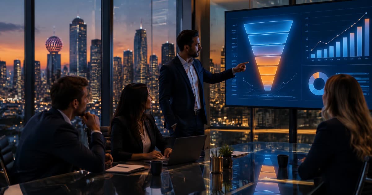 B2B team reviewing a sales pipeline dashboard in a Dallas office at dusk