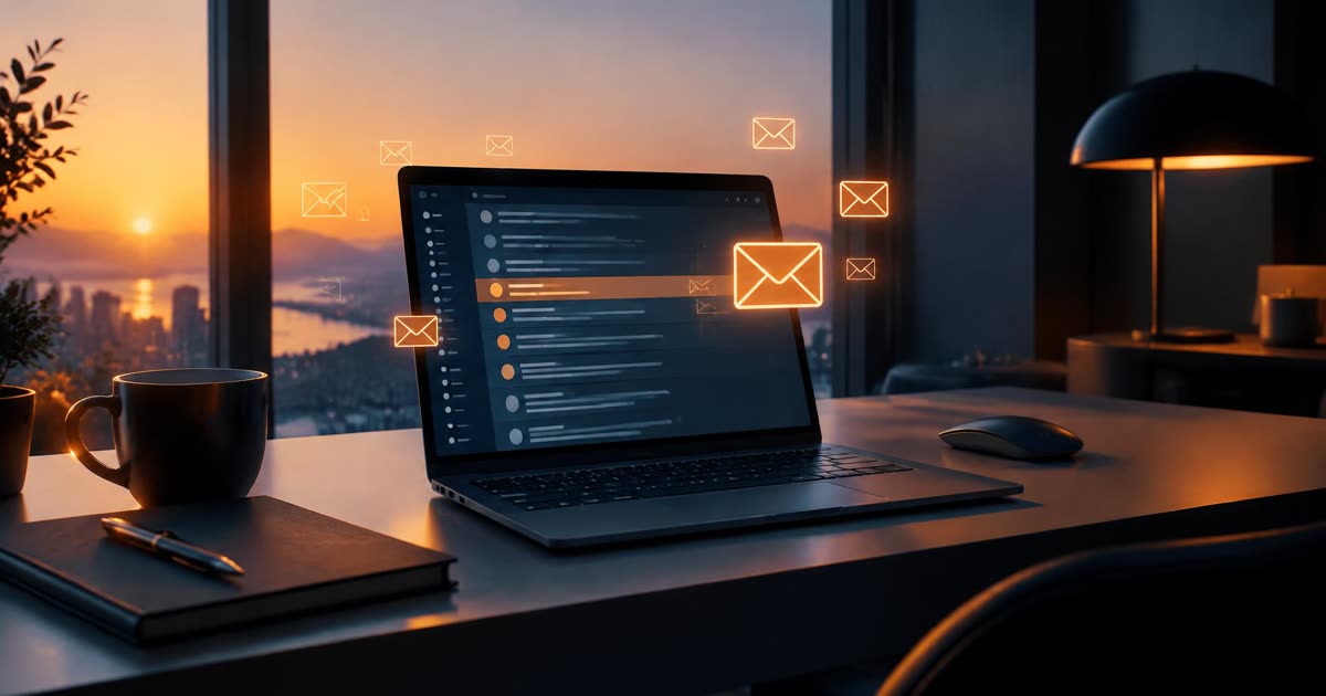 Laptop with glowing email icons on a desk at sunrise