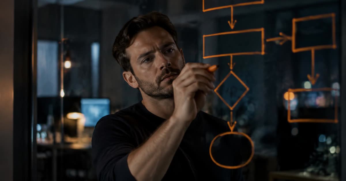 Founder drawing a sales workflow on a glass whiteboard with an orange marker