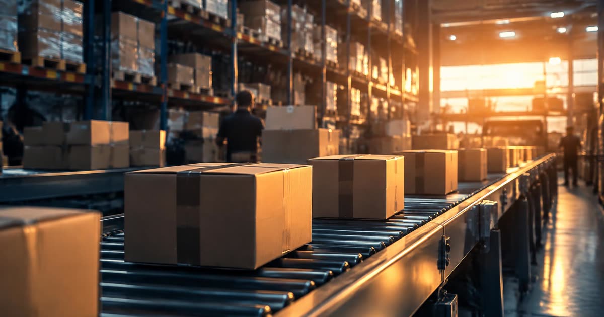 E-commerce shipping boxes moving on a warehouse conveyor at golden hour