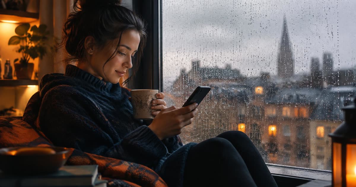 Woman reading an email on her phone with coffee by a rainy window