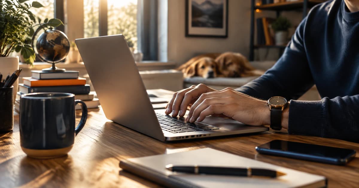 Person typing a search on a laptop at a sunlit home office desk
