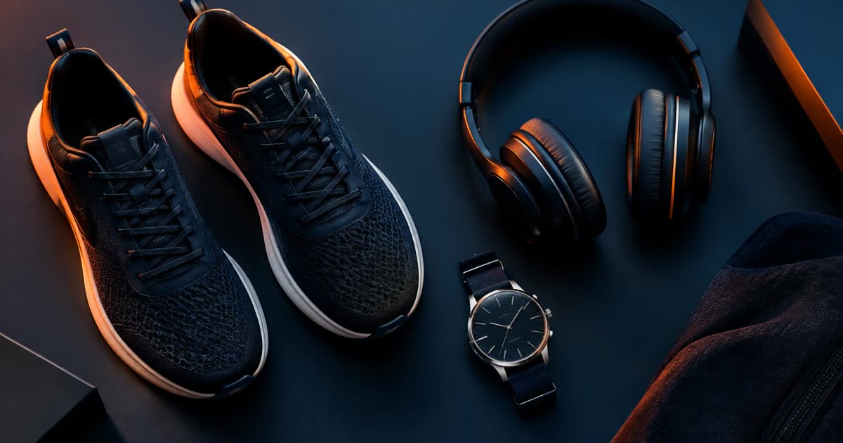 Product flat lay of sneakers, headphones, and a watch on navy