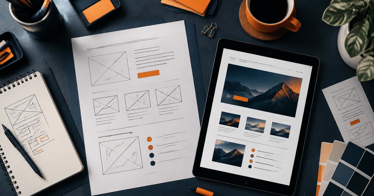 Overhead view of landing page wireframes, a tablet, and coffee on a navy desk