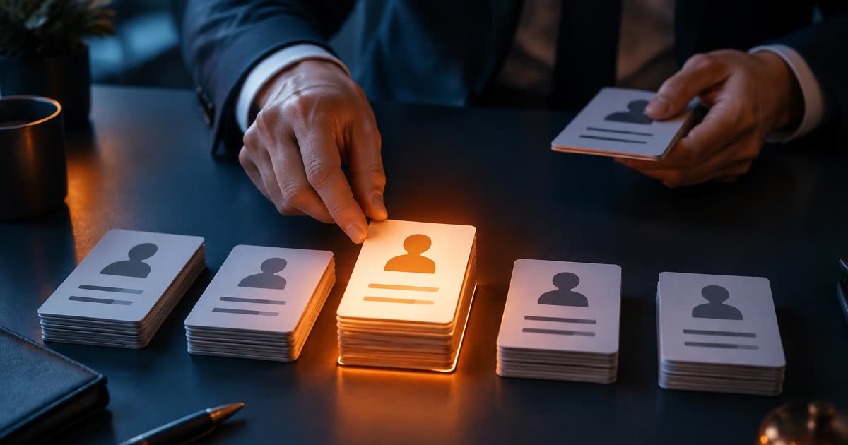 Hands sorting profile cards with one highlighted in orange