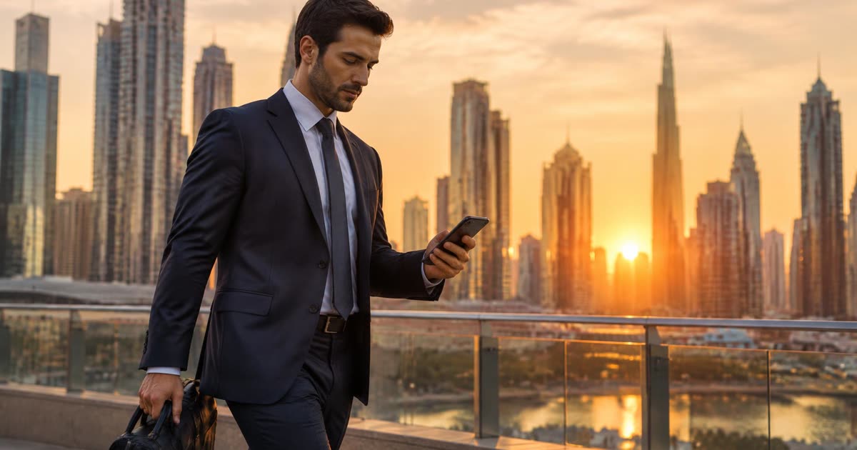 Businessman in a navy suit reading messages on his phone at sunrise
