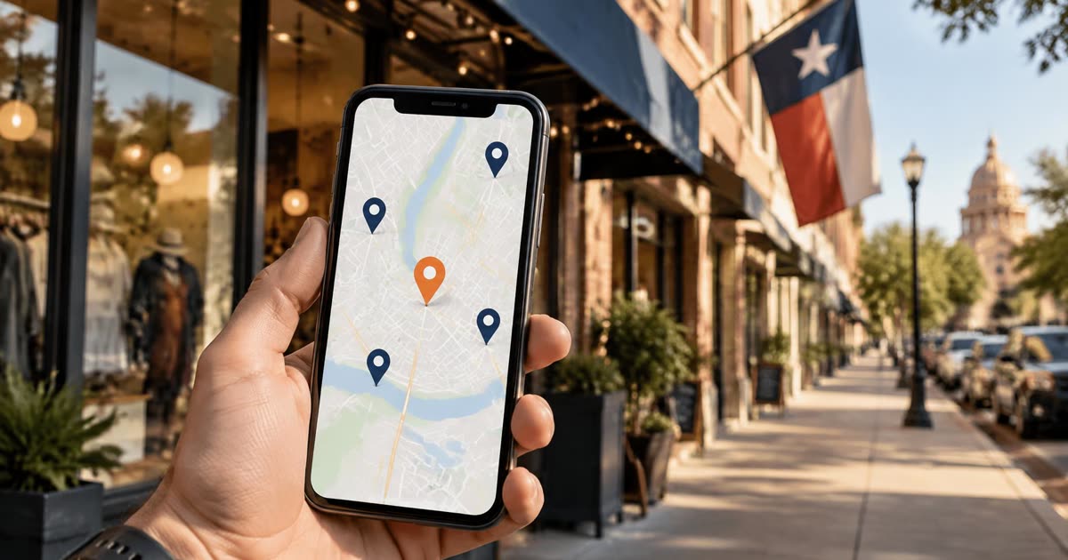 Phone showing a map with location pins on a Texas main street