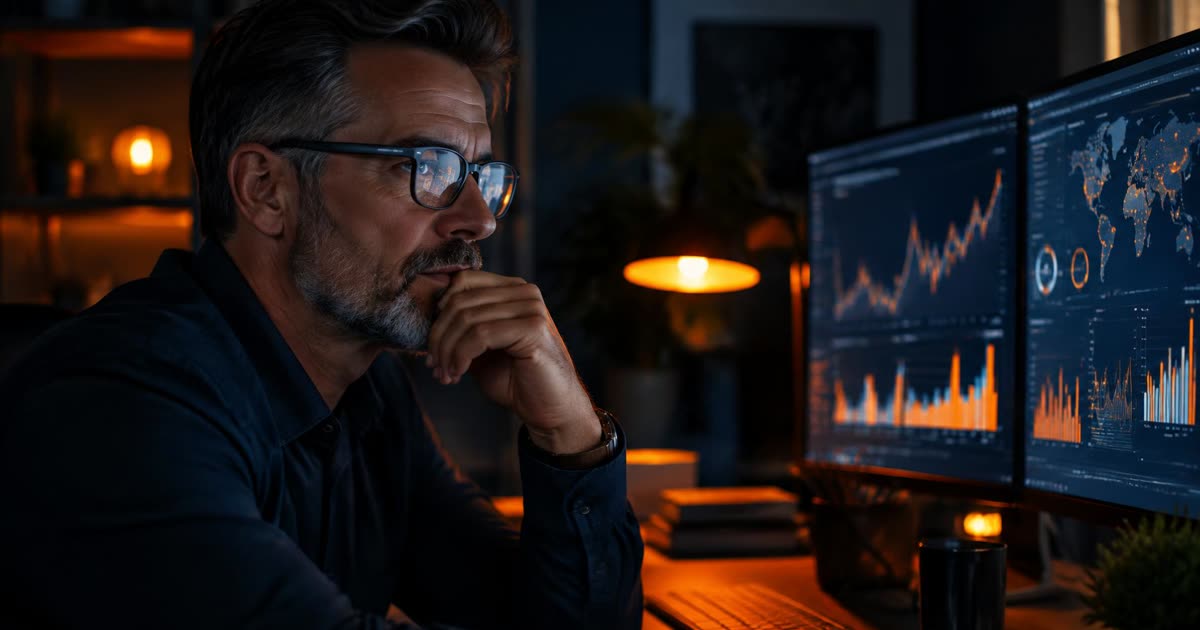 Executive analyzing marketing analytics dashboards on two monitors