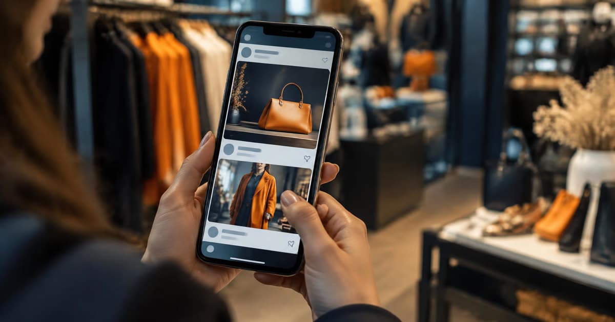 Shopper scrolling a social media ad feed on a phone inside a boutique