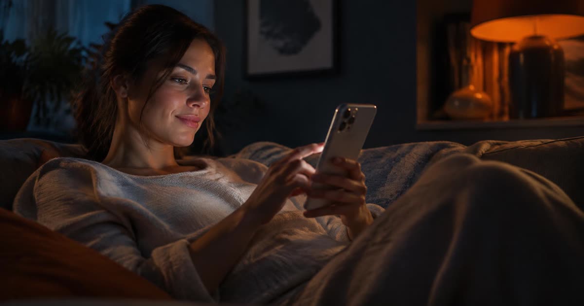 Woman on a couch looking at a product on her phone in the evening