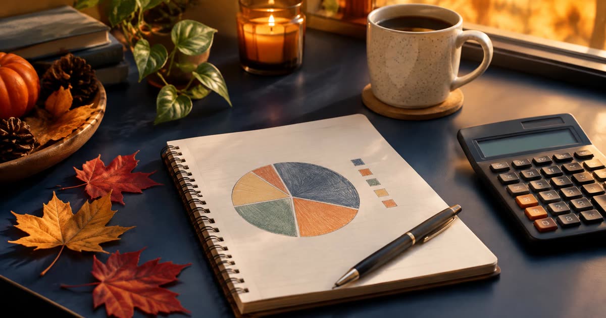 Notebook with a pie chart, calculator, and autumn leaves on a desk