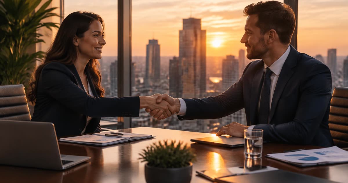Two professionals shaking hands across a conference table at sunset
