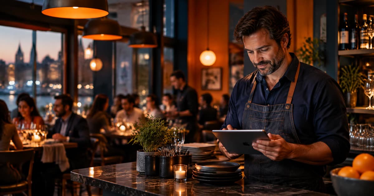 Restaurant owner checking new inquiries on a tablet at the counter