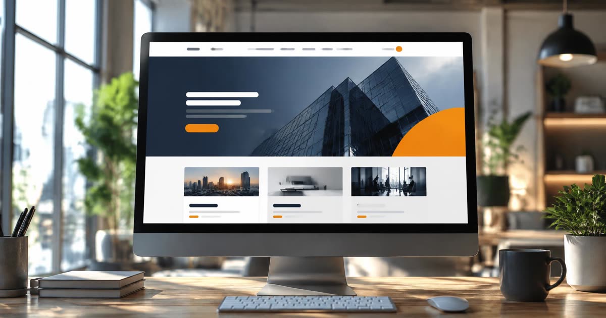 Modern corporate website on a large monitor in a bright studio