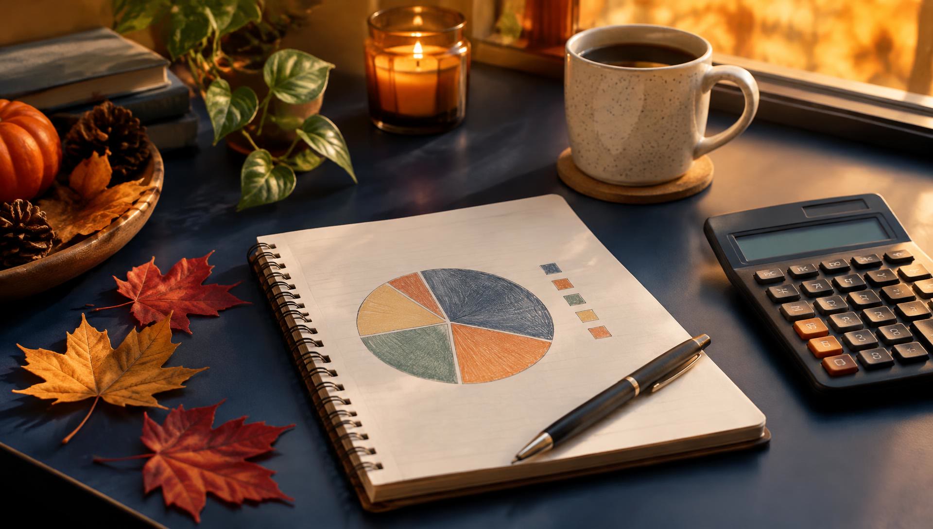 Notebook with a pie chart, calculator, and autumn leaves on a desk