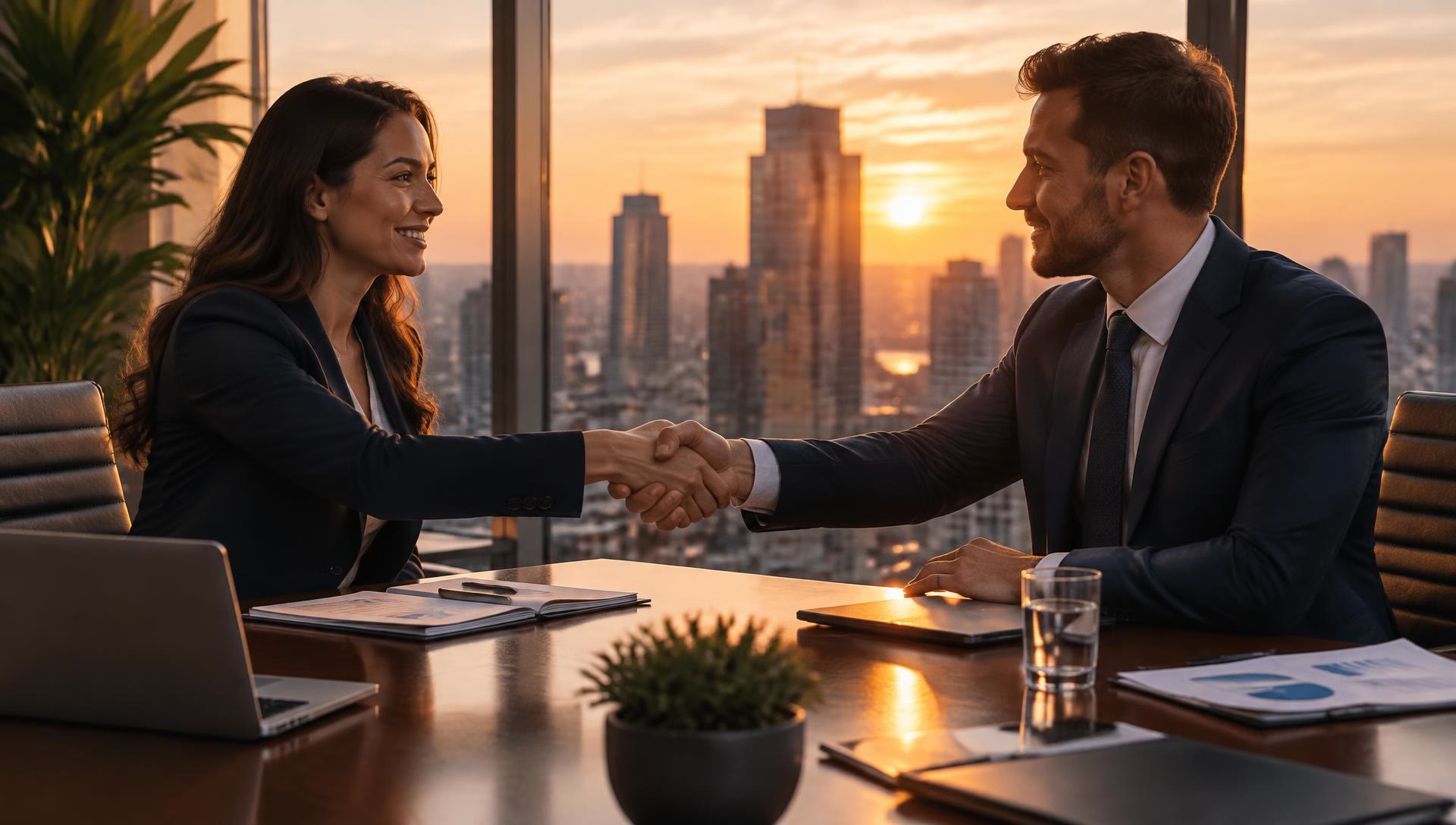 Two professionals shaking hands across a conference table at sunset