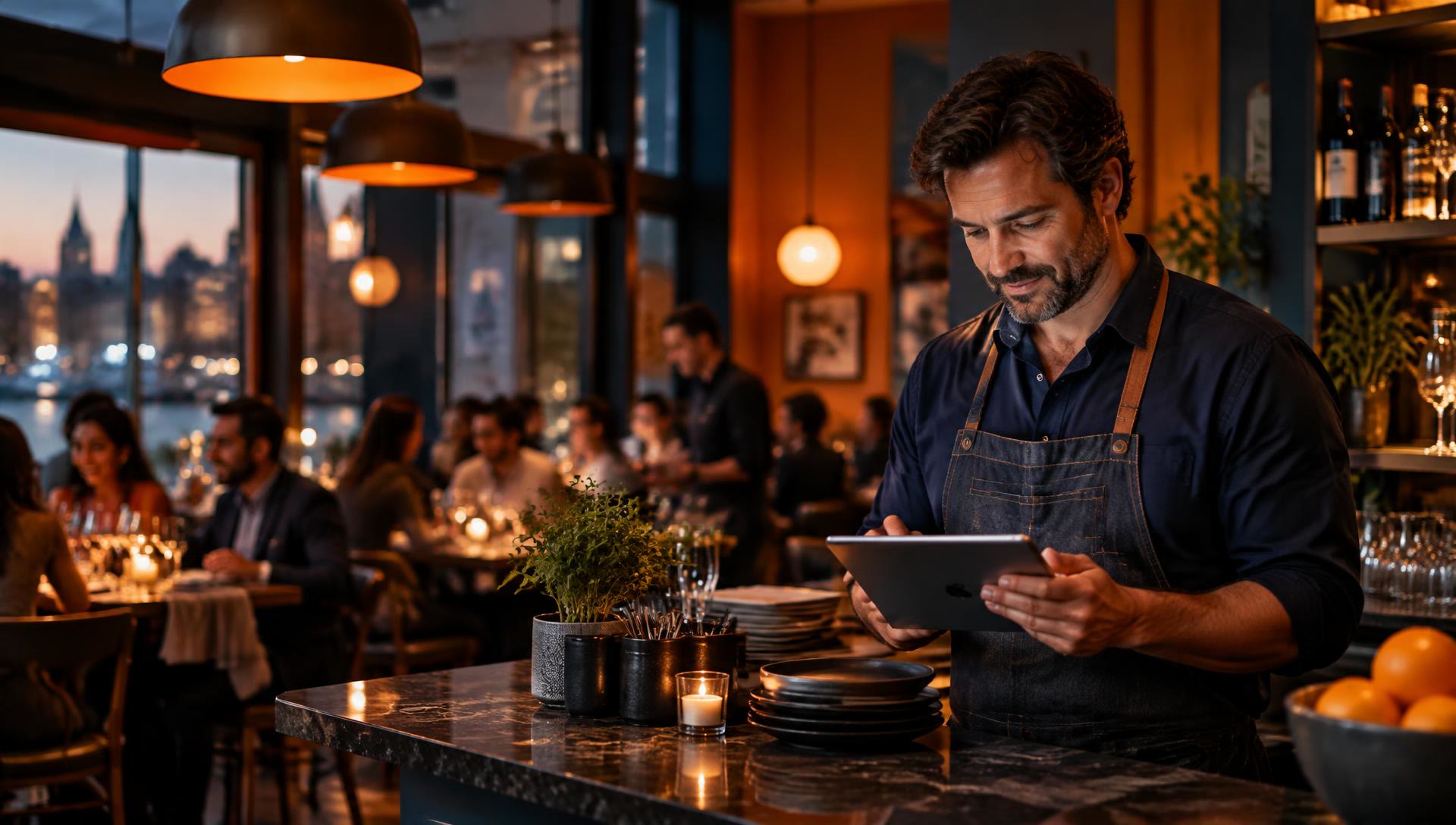 Restaurant owner checking new inquiries on a tablet at the counter