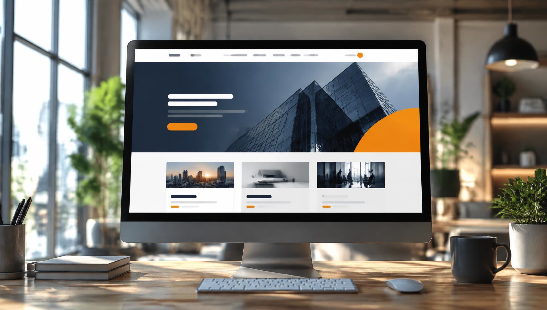 Modern corporate website on a large monitor in a bright studio